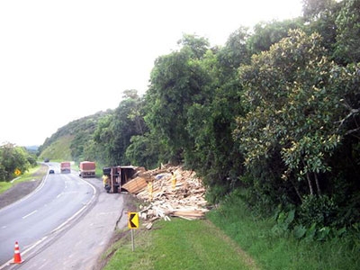 Caminhão com carga de madeira tomba na Serra