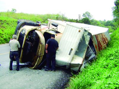 Caminhão carregado com Sal fica desgovernado e tomba na PR-423