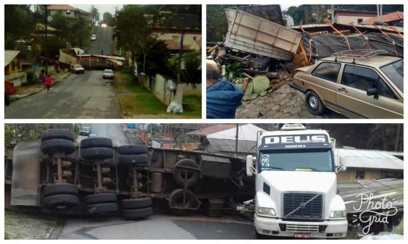 Caminhão volta de ré e acaba tombando a carga depois de atingir residência na Vitório Buch