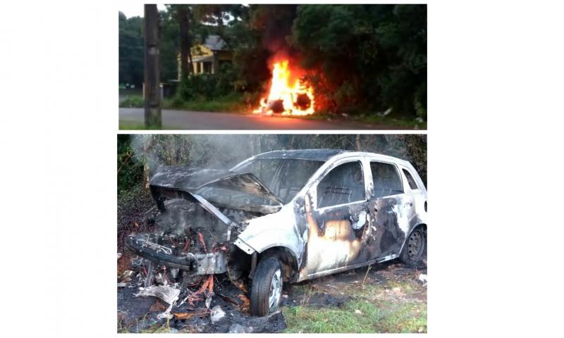 Veículo consumido pelo fogo na Estrada Colônia Cristina