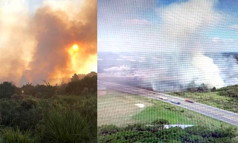 Bombeiros trabalham horas em combate a incêndio em mato da Caterpillar