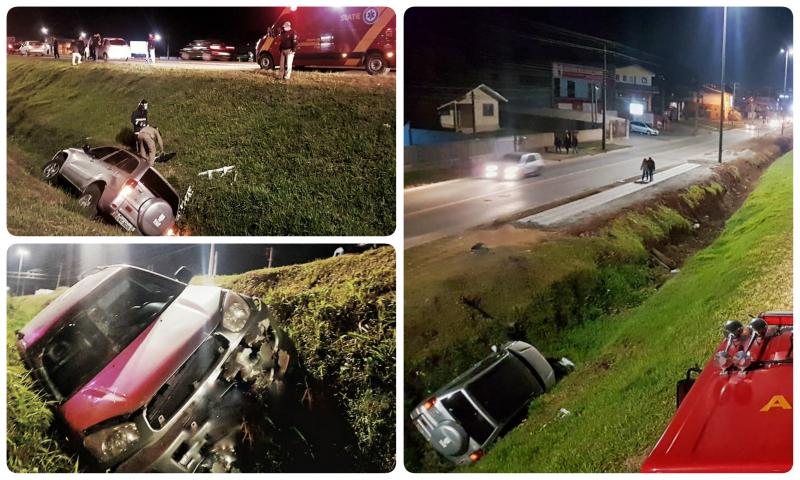 Veículo cai em valeta na antiga BR-277 e motorista fica ferido