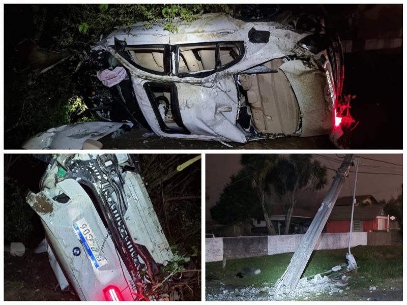Veículo fica destruído após colidir contra poste na Rondinha e condutor é hospitalizado