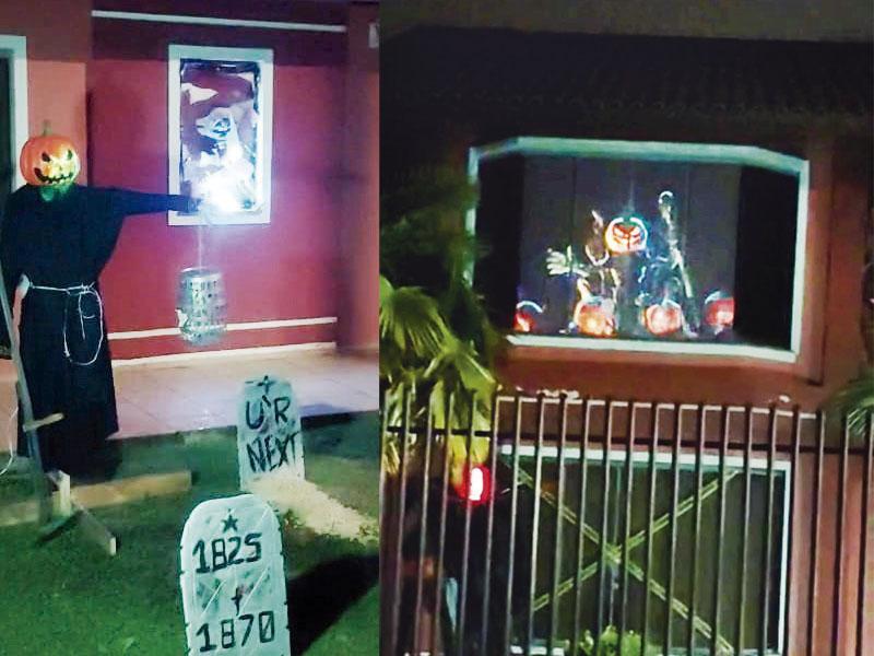 Casa fica toda decorada para o Halloween e com transmissão projetada de vídeo 