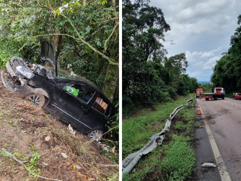 Veículo sai da pista na descida da Serra de São Luiz do Purunã e fica mulher ferida sem gravidade 