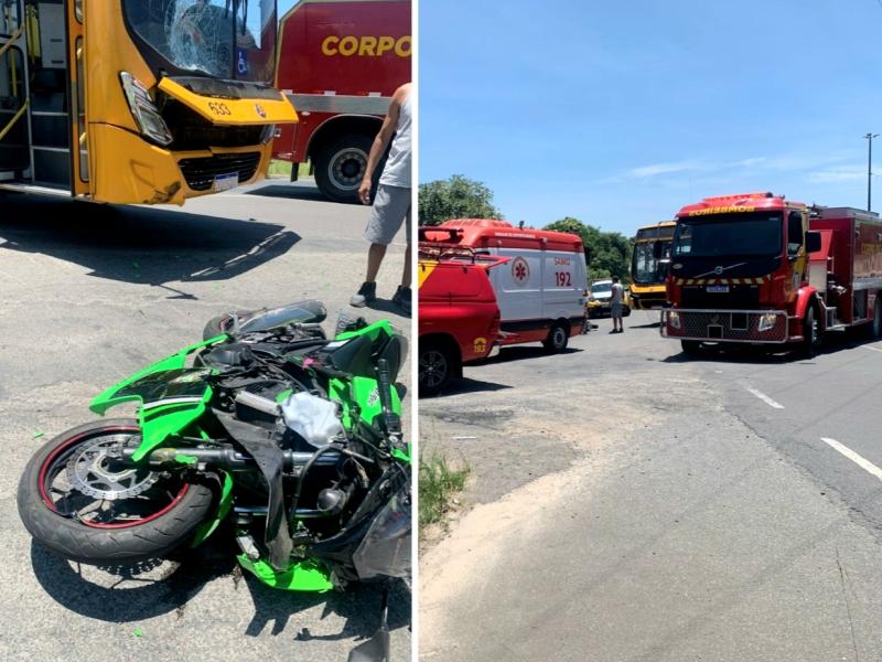 Motociclista socorrida em estado grave após colisão com ônibus no bairro Bom Jesus