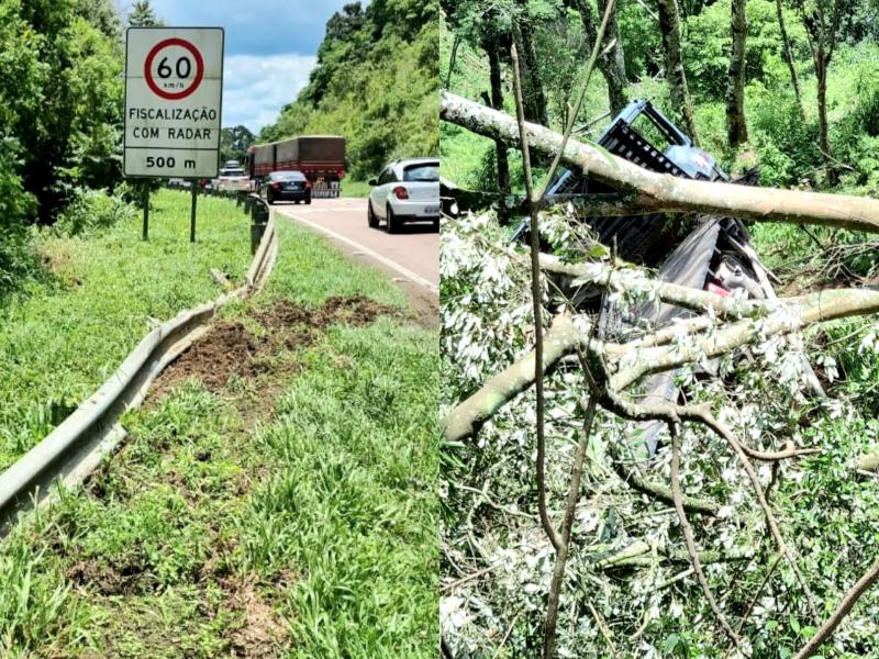 Bombeiros socorrem caminhoneiro após tombamento de caminhão no Km 129 da BR-277 