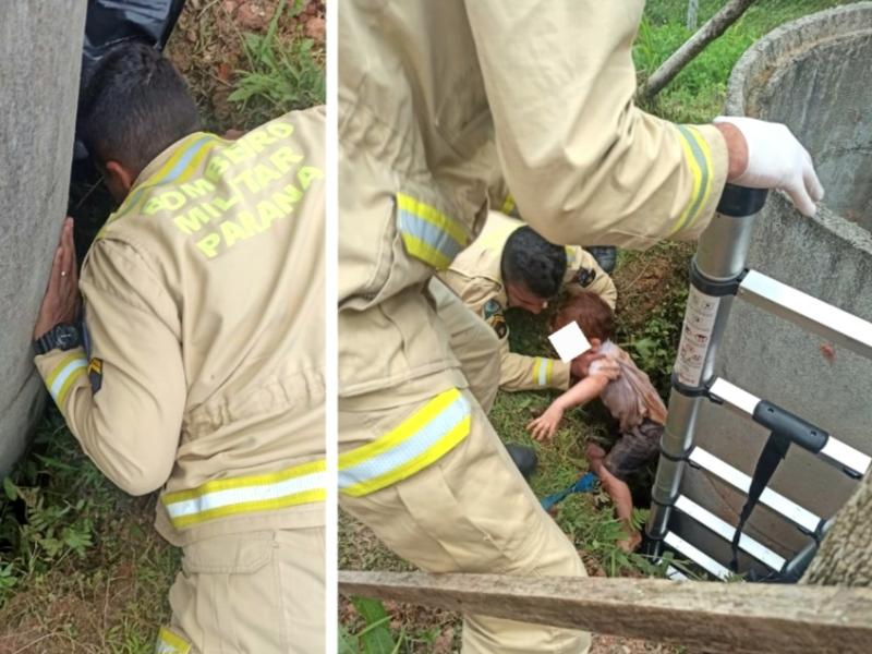 Criança resgatada pelos Bombeiros após cair num buraco fundo e estreito no Bugre