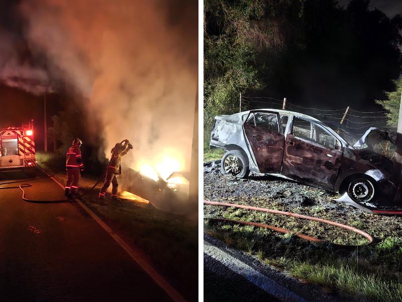 Veículo HB20 é destruído pelo fogo na Estrada de Bateias em Campo Largo 