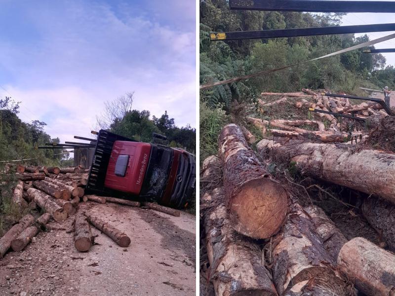 Caminhão com carga de madeira tomba na região de Três Córregos